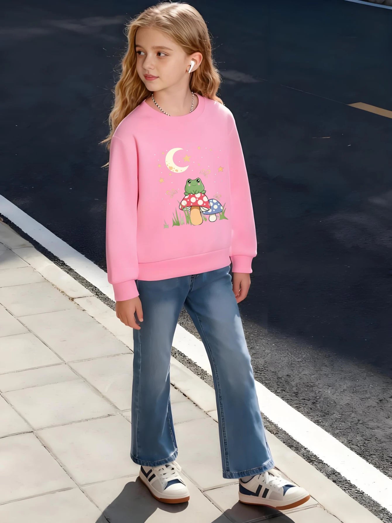 Kids Children's Cotton T-Shirt Frog on Mushroom with Moon and Stars for Boys Girls Fairy Tale Style Magical Forest Theme