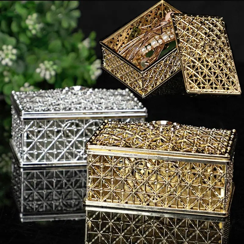 2 Piece Mini Treasure Storage Jewelry Box Gold, Silver color Hollow Flower Pattern Jewelry Case Boxes for Necklace Earring Ring