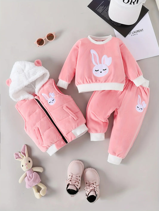 A Cute Rabbit Embroidered Silver Fox Fur Set For Baby Girls In Autumn And Winter Featuring Long-Sleeved Shirts Long Pants And