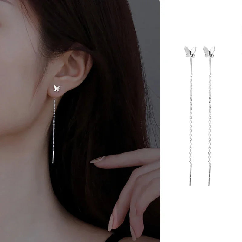 S925 Silver Needle Star Line Earring for Women Tassel Drop Earring Long Chain Beads Piercing Earring Asymmetry Ear Jewelry