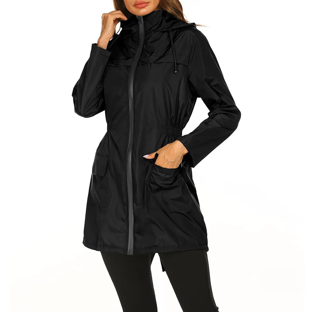 Women's Lightweight Raincoat Outdoor Waterproof Jacket Hooded Windbreaker Female Long Hiking Climbing Rain Jackets Outwear