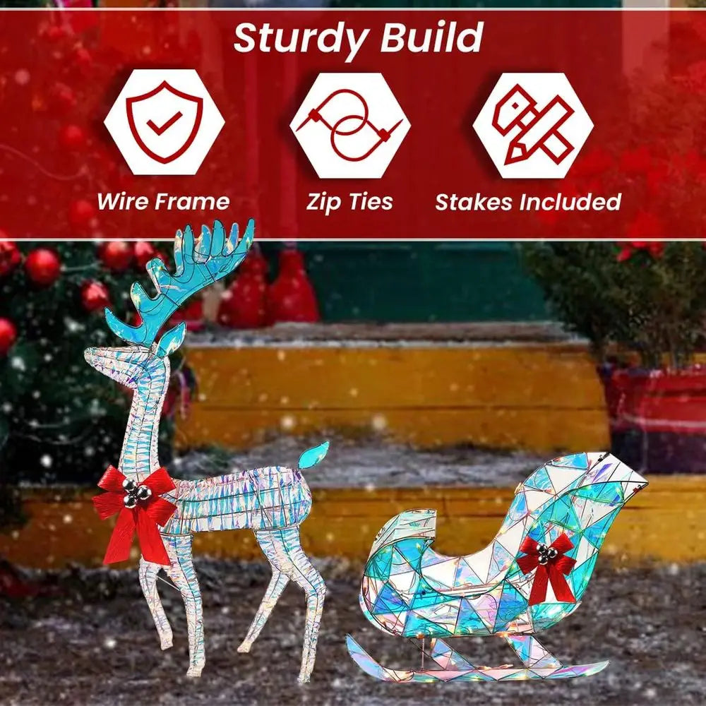 Illuminated Iridescent Santa Sleigh & Reindeer Set, 4ft Outdoor/Indoor Christmas Lawn Decoration with 140 Lights