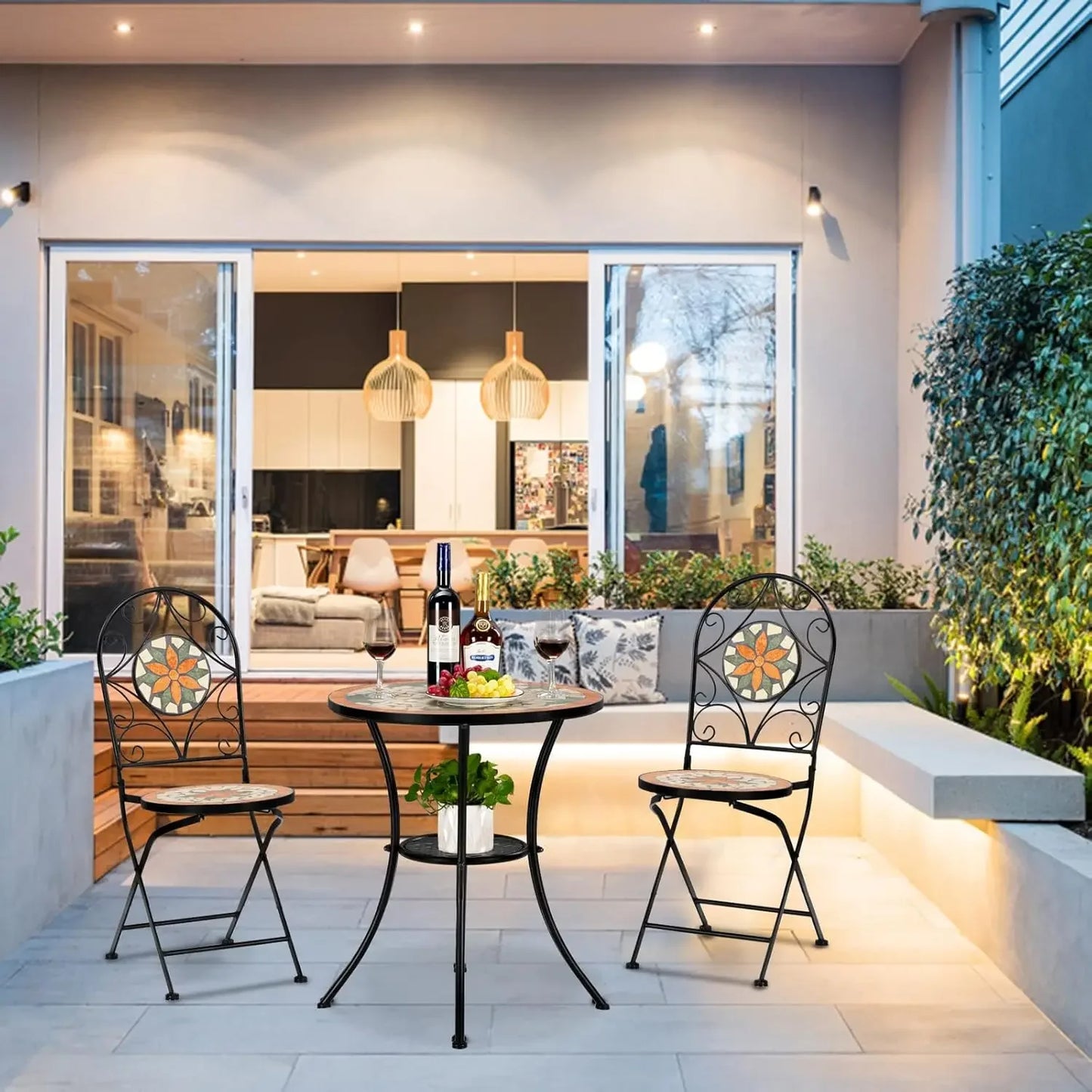 2025-3 Pieces Garden Patio Mosaic Table, Outdoor Bistro Set with Folding Chairs,Black Iron Frame