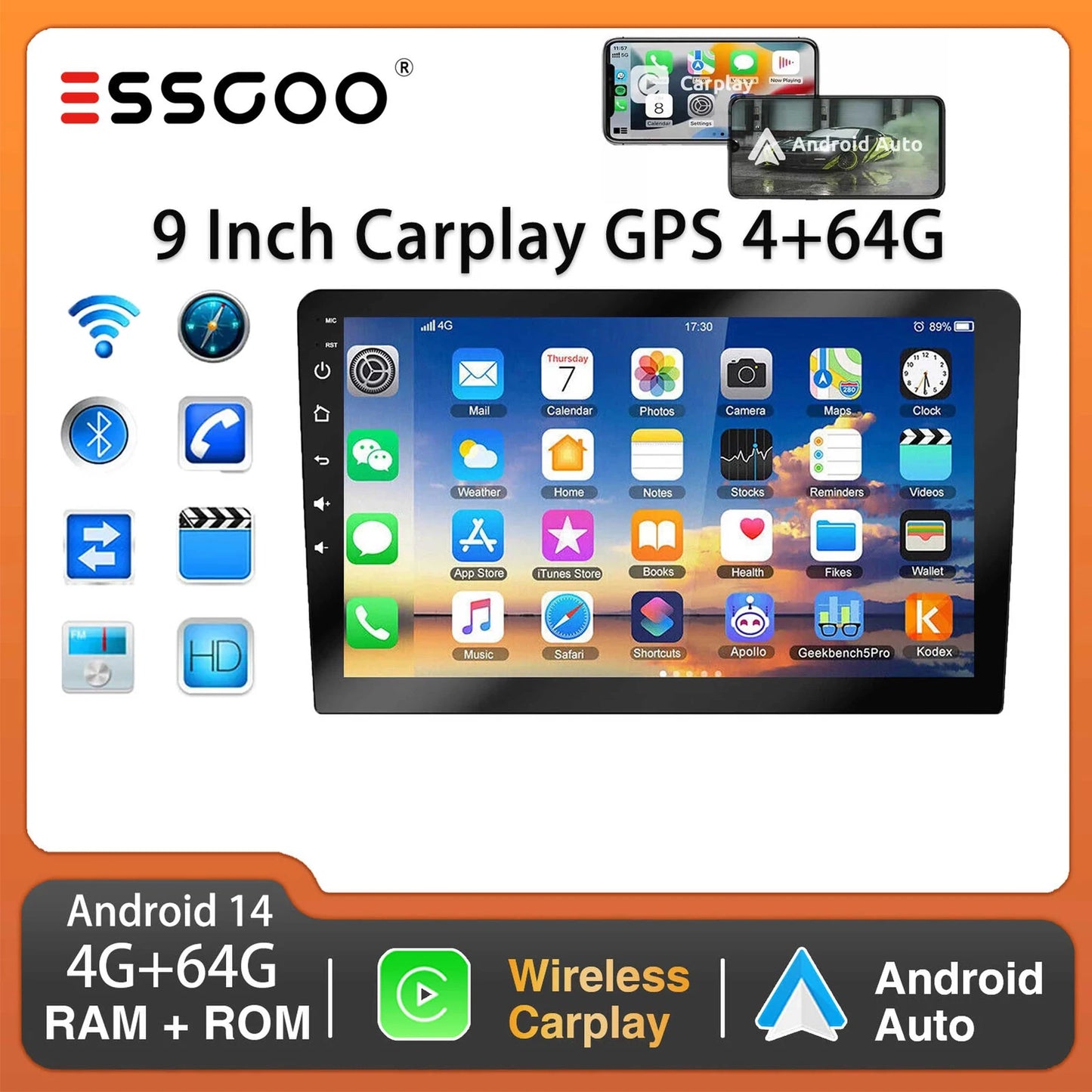ESSGOO 9 Inch 2 DIN Car Stereo Radio Wireless Car-play Android Auto Car Stereo Bluetooth 64 G GPS Navigation RDS WiFi USB FM DAB+CAM