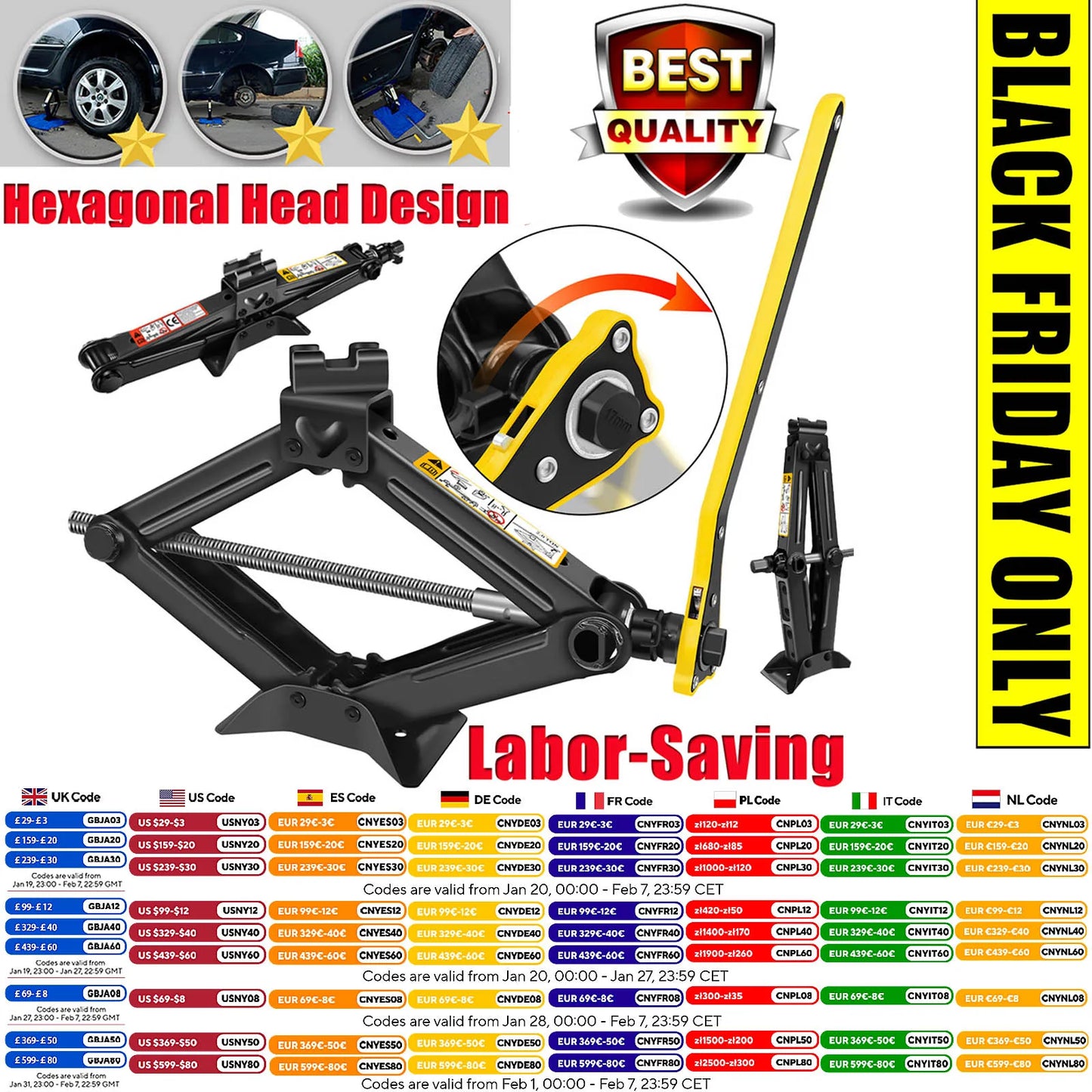 Car Scissor Jack 2T Auto Emergency Crank Lift Stand Labor-Saving Repair & Tire Replacement Tool with Wrench for SUV Vehicles