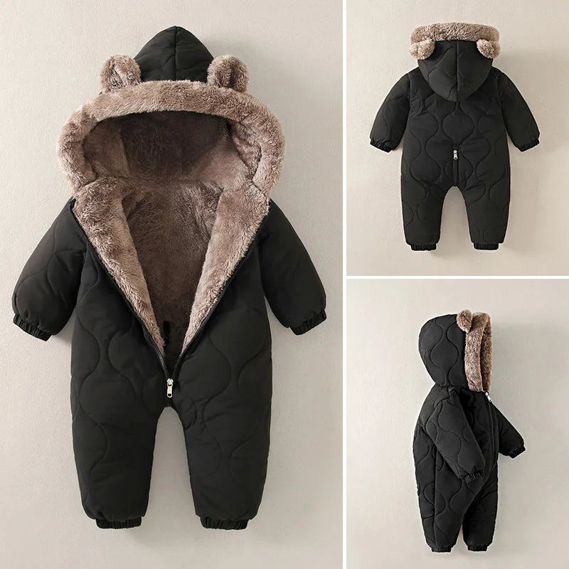 0-2Y Toddler Baby Boy Romper Autumn Winter Fleece Plus Velvet Hooded Warm Snowsuit