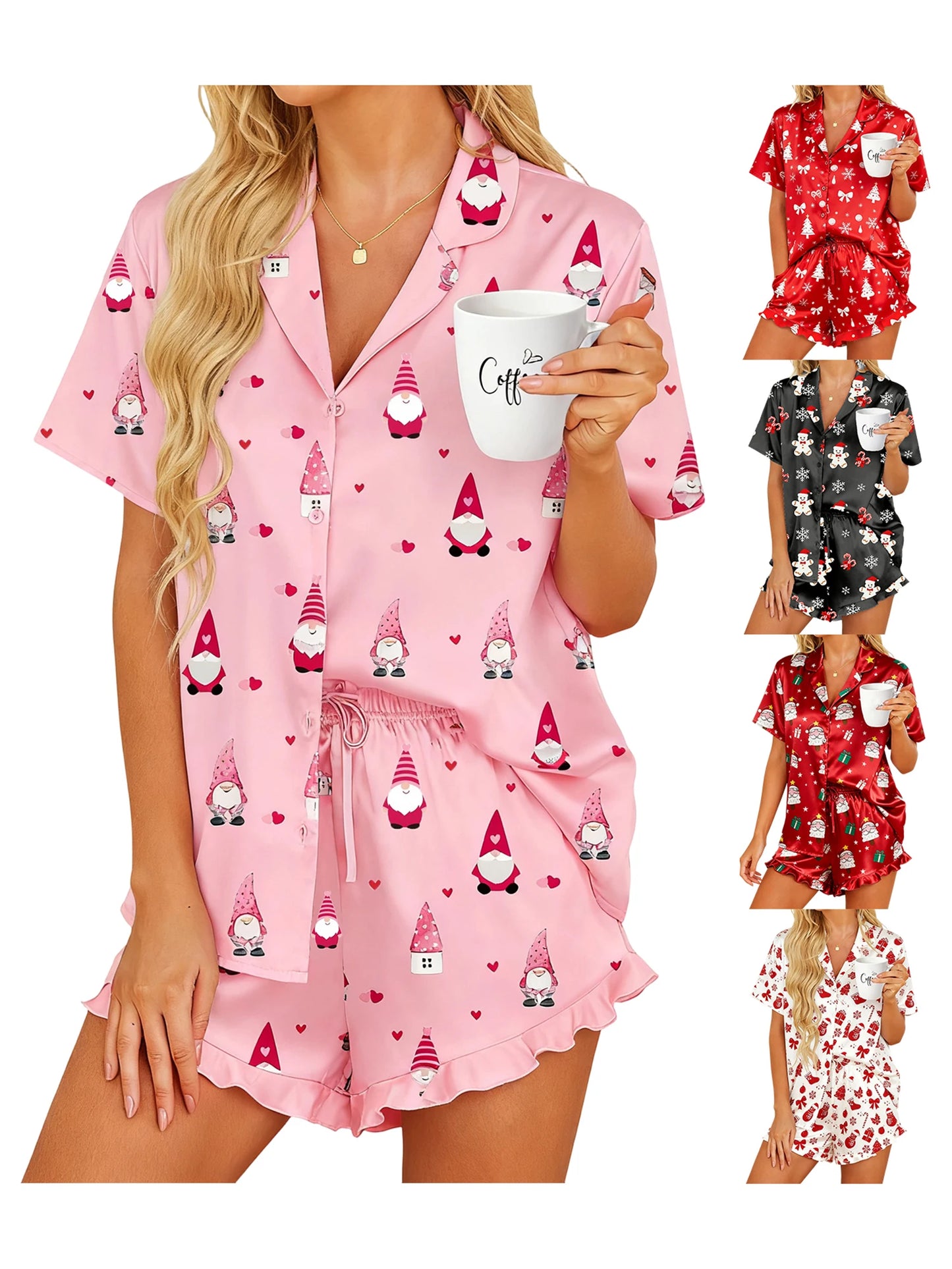 2 Piece Christmas Pajamas Sets for Women Lapel V Neck Short Sleeve Christmas Themed Print Tops and Drawstring Waist Shorts with
