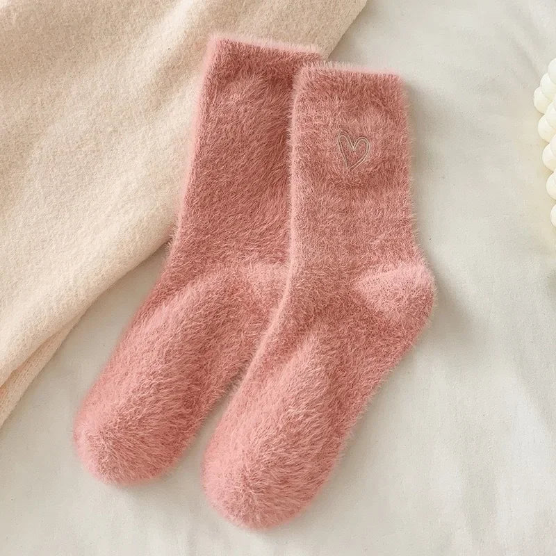 Women's Thickened Mink Fur Socks Pink Heart Embroidery Plush Sleepwear Solid Color Warm Middle Tube Autumn Winter Home Stockings