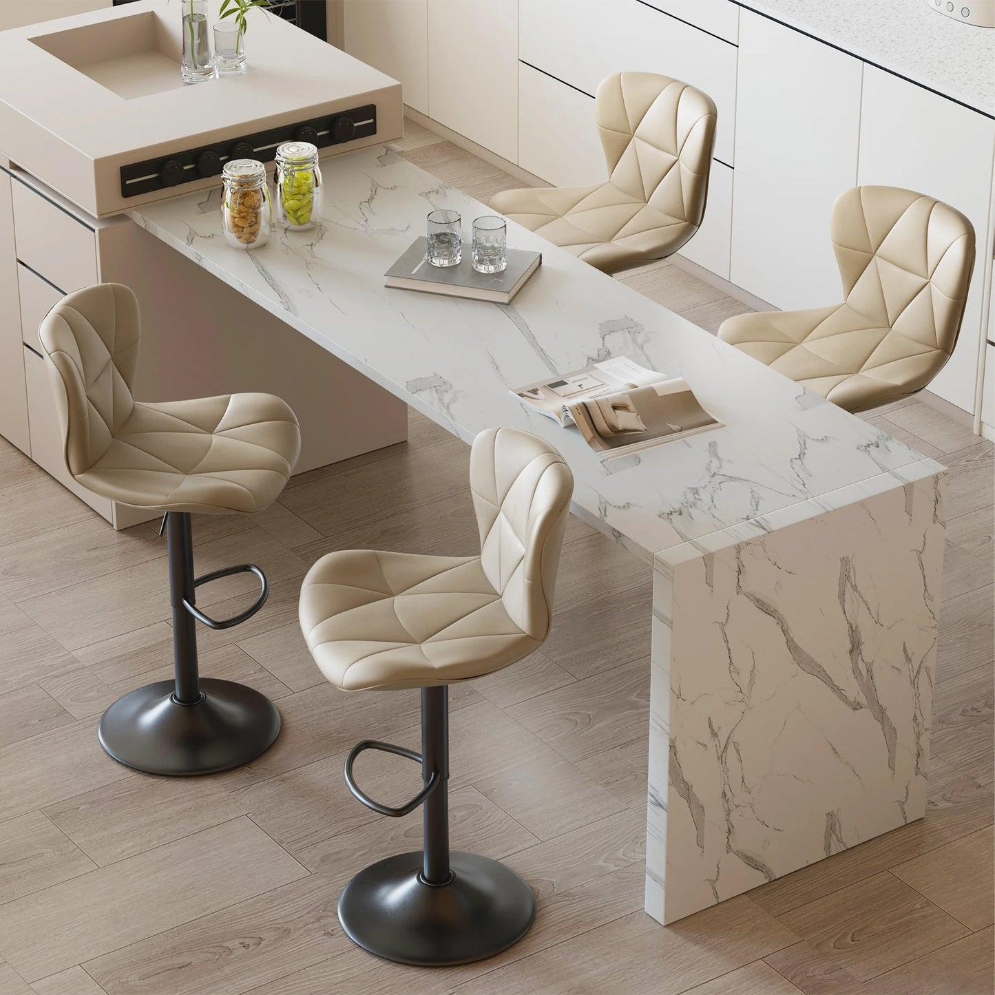 4 Piece Modern Bar Chair Set, Comfortable PU Leather, 360° Swivel Adjustable Height, Upholstered Kitchen Side Chair With Metal Legs