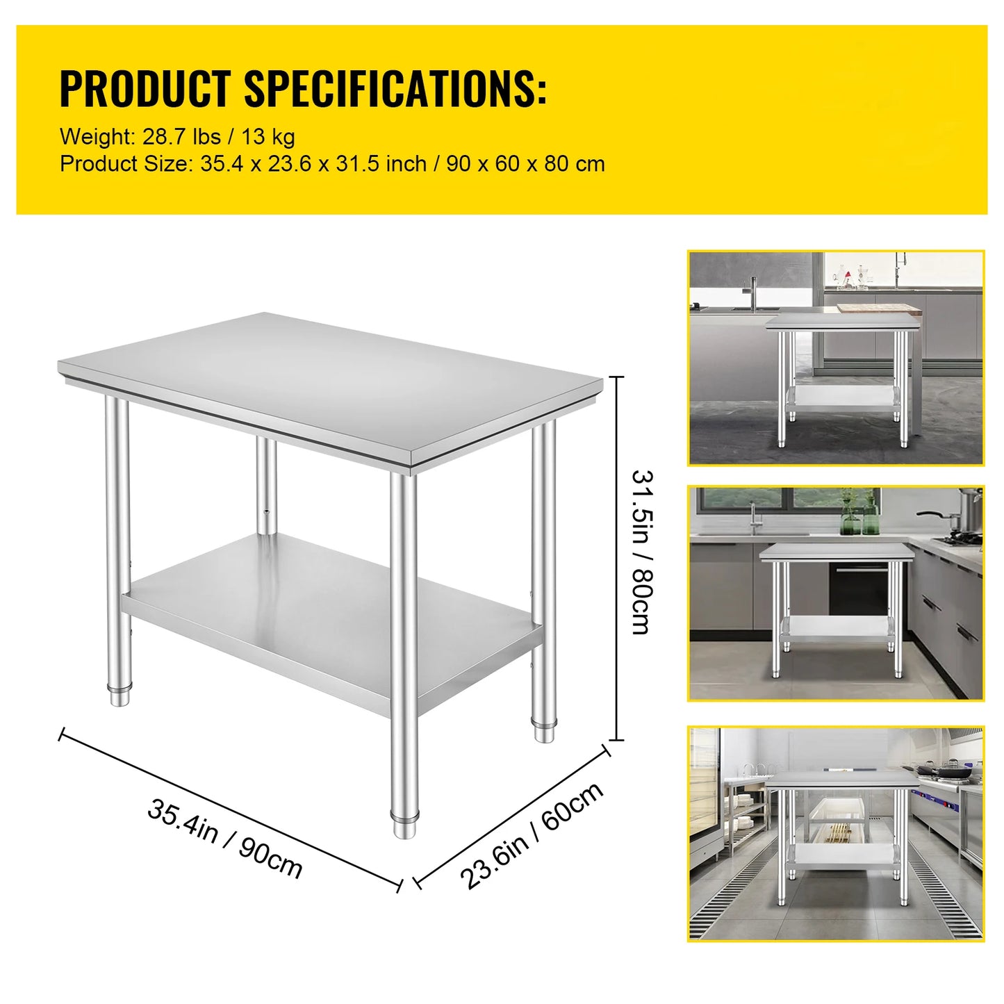 Stainless Steel Kitchen Work Bench Commercial Catering Table Worktable w/ Under-shelf 330 LBS 286 LBS for Restaurant Garage