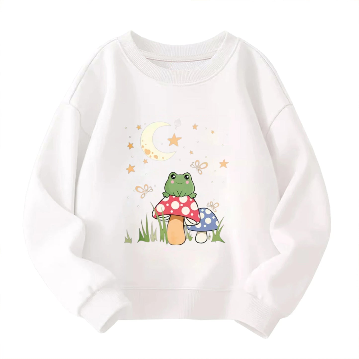 Kids Children's Cotton T-Shirt Frog on Mushroom with Moon and Stars for Boys Girls Fairy Tale Style Magical Forest Theme