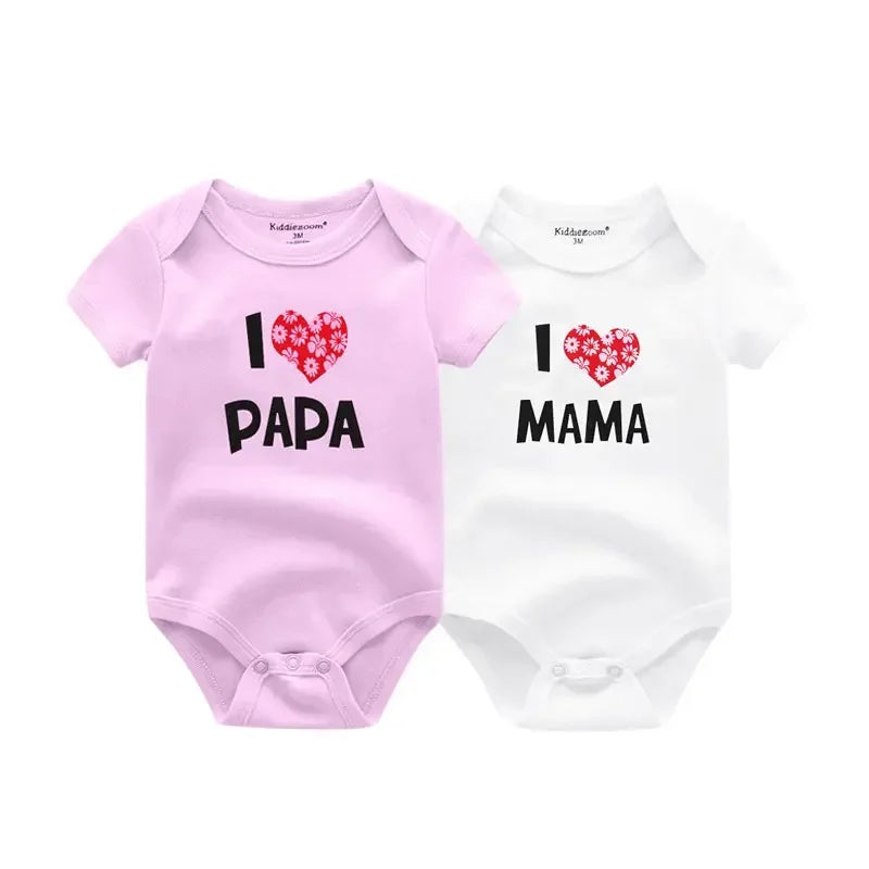 Newborn Twin 2 Pcs Baby Bodysuits - Four Seasons 100% Soft Cotton "I love Papa Mama" Onesies for Boys Girls