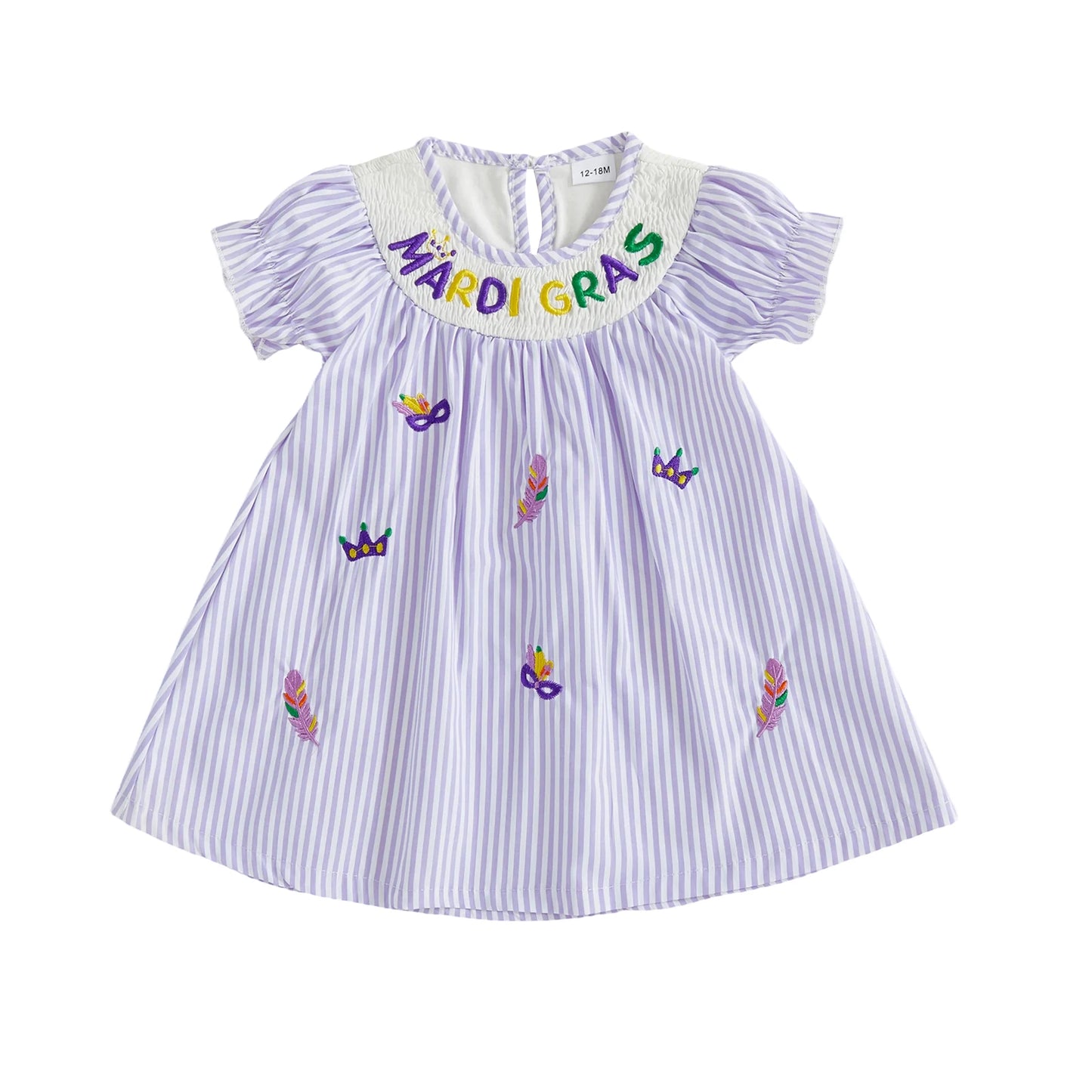 Toddler Baby Girl Mardi Gras Dress Loose Fit Letter Embroidered Striped Smocked Crew Neck Short Sleeve A Line Dress