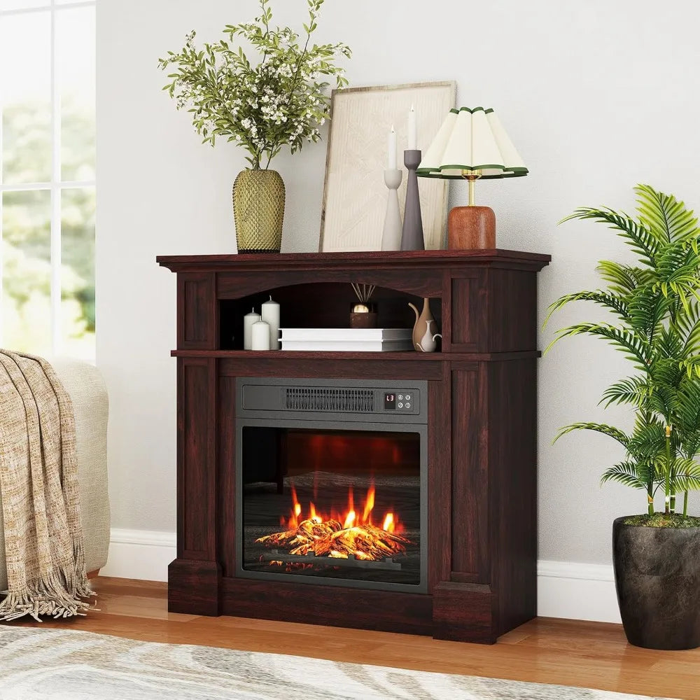 32 Electric Fireplace with Mantel, Freestanding Package Wooden Firebox Surround 18 Fireplace Insert Heater w/ 3 Flame Settings