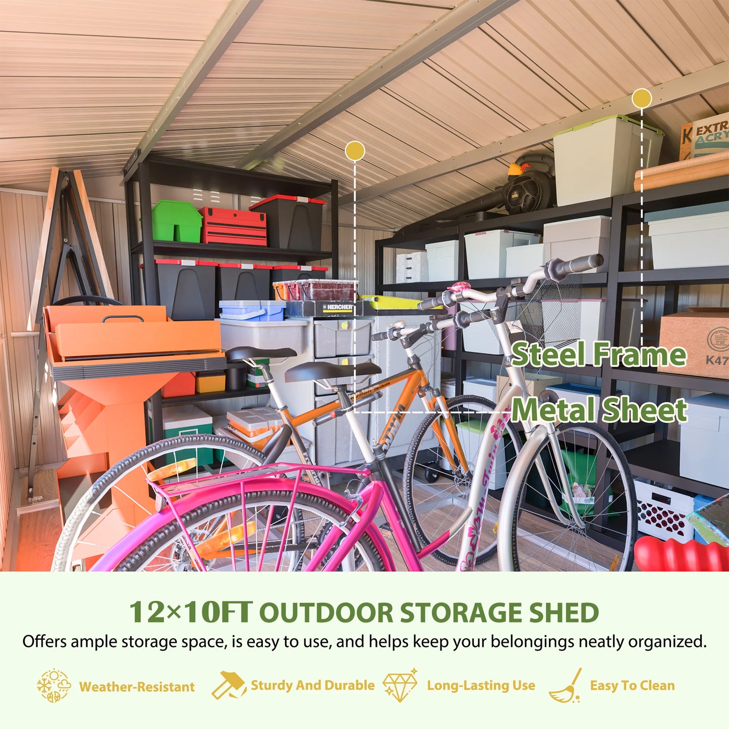 12x10FT Grey Metal Outdoor Storage Shed, Lockable Waterproof Steel Garden Tool & Equipment Building for Backyard