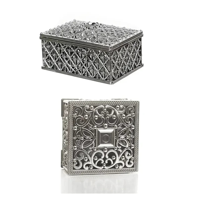 2 Piece Mini Treasure Storage Jewelry Box Gold, Silver color Hollow Flower Pattern Jewelry Case Boxes for Necklace Earring Ring