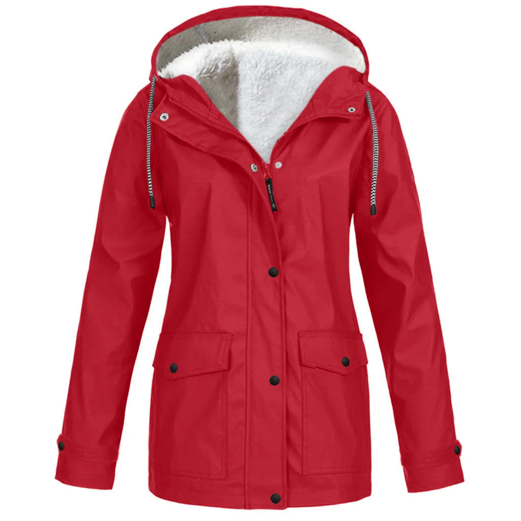 Women's Autumn Winter Plus Velvet Jacket Windproof Waterproof Hooded Coat Outdoor Sports Cloths For Climbing Cycling Fishing