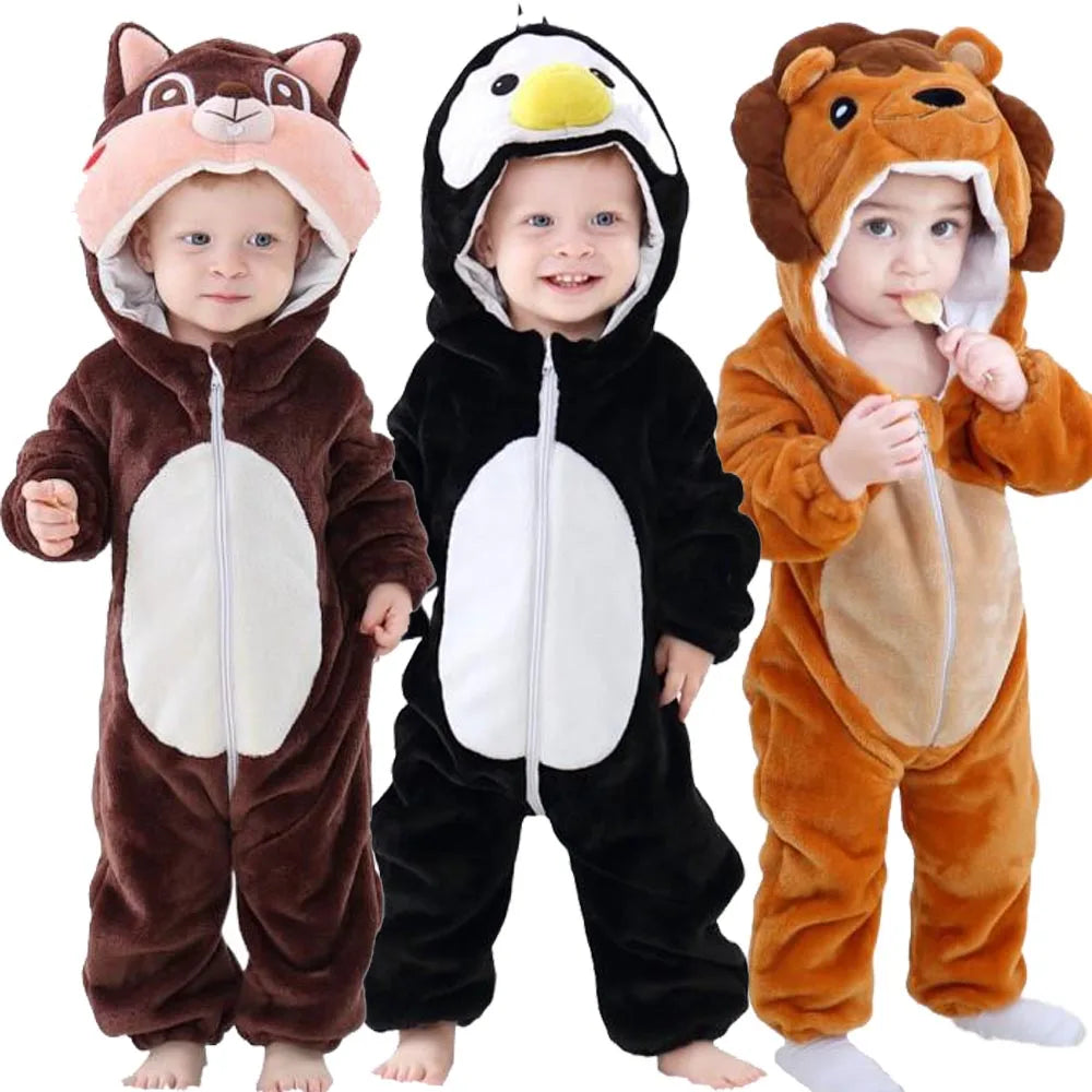 Pajama Toddler Winter Cartoon Jumpsuit Boys Girls Plush Flannel Overalls Kids Bear Lion Penguin Dino Costumes