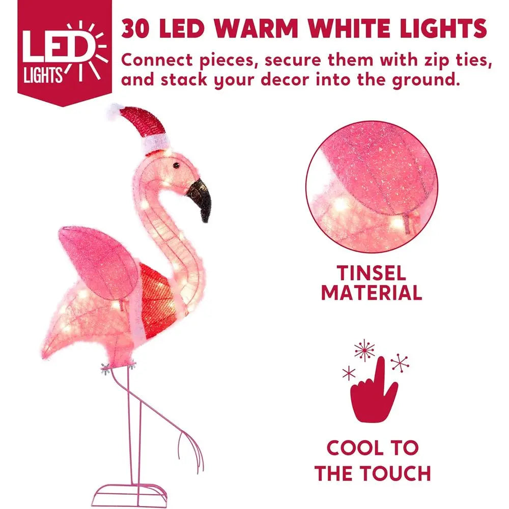 Glowing Outdoor Christmas Flamingo Decorations, 30 LED Warm White Lights for Holiday Yard, Lawn Ornaments with Metal Stakes