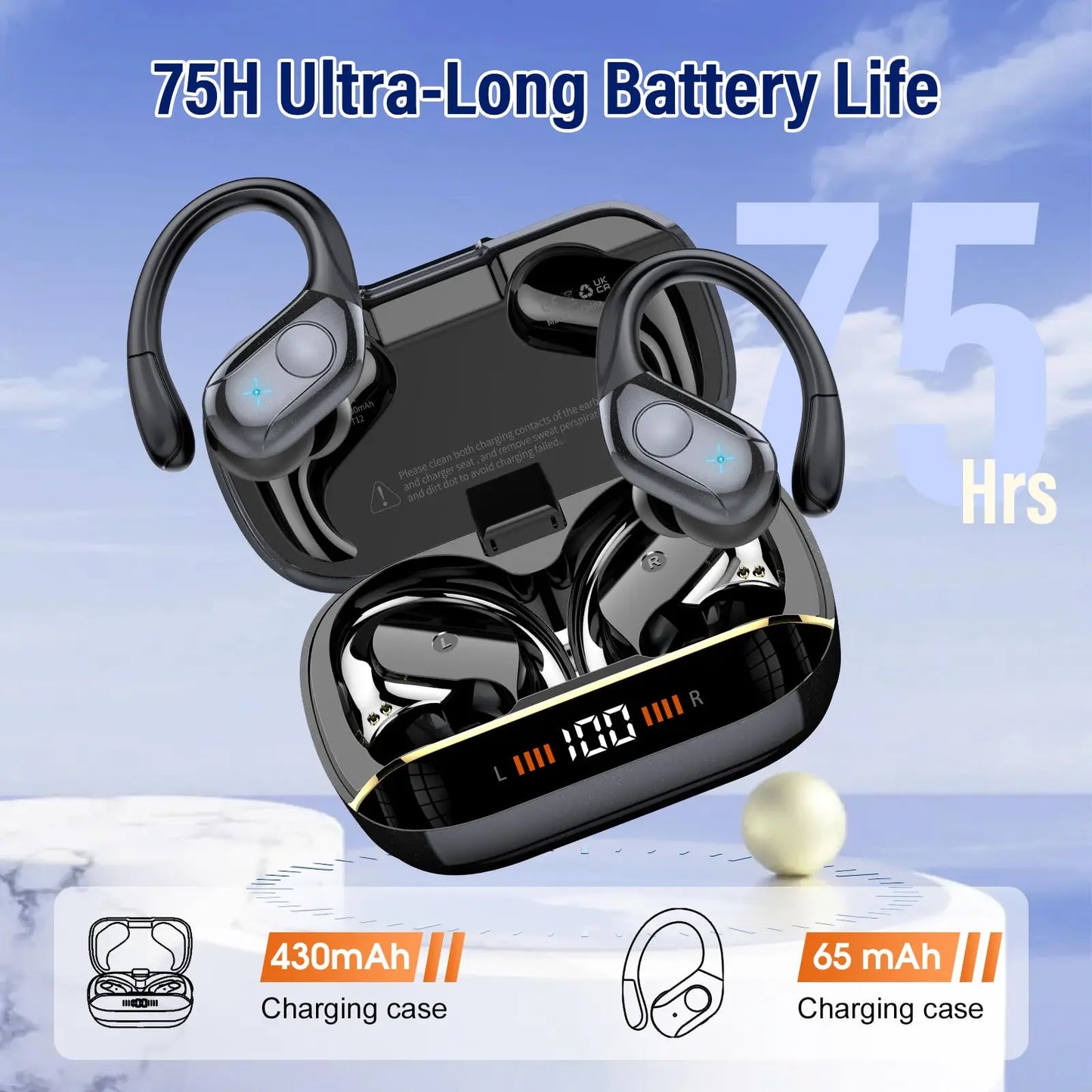 Bluetooth 5.4 Wireless Earbuds, 75H Playtime, IP7 Waterproof Sport Earphones w/Dual LED Display, ENC Mic, Touch Control.