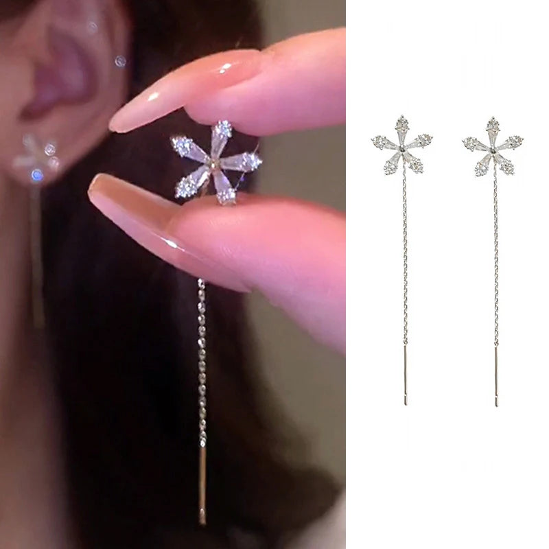 S925 Silver Needle Star Line Earring for Women Tassel Drop Earring Long Chain Beads Piercing Earring Asymmetry Ear Jewelry