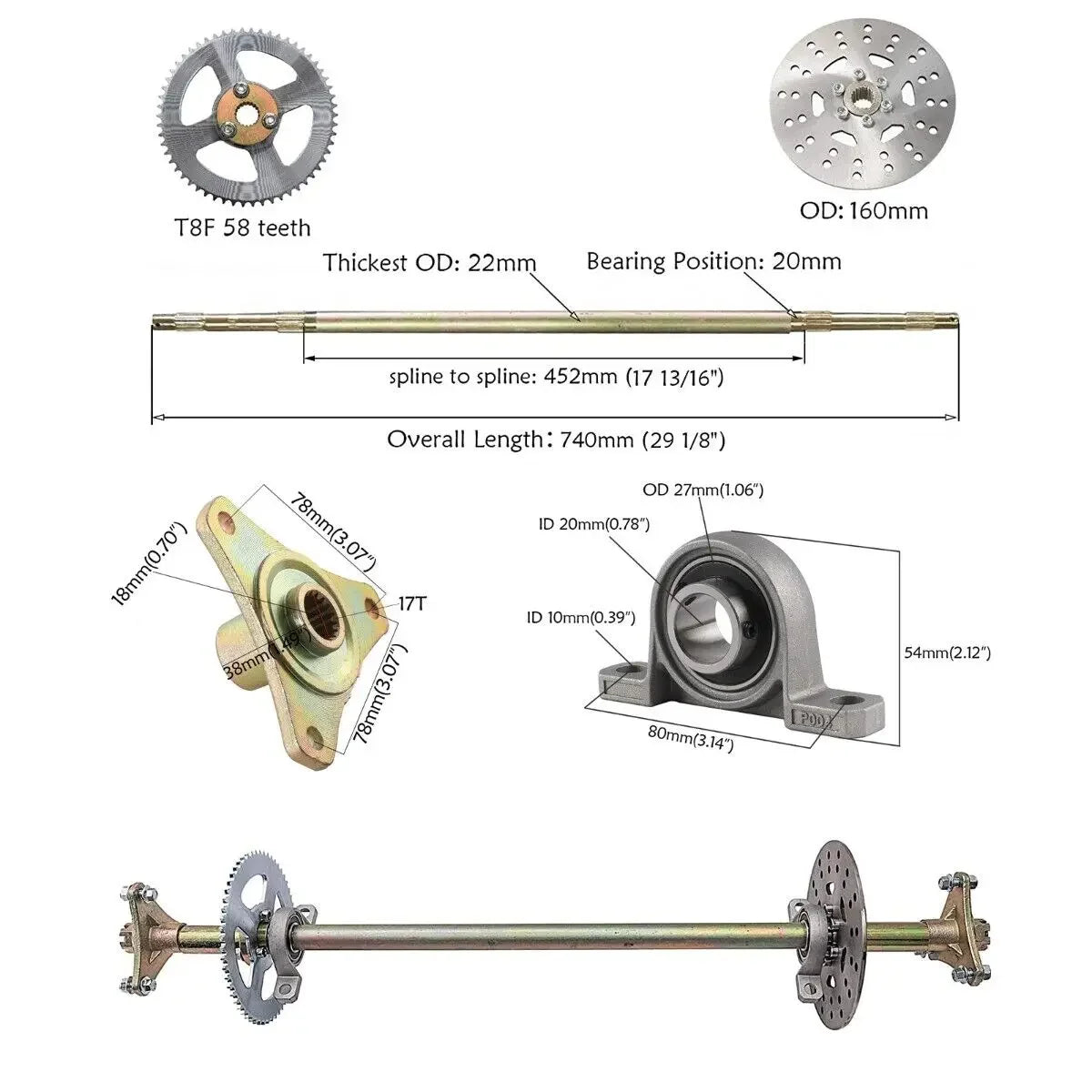29" /32"/ 44" Go Kart Complete Rear Axle Assembly Kit, Wheel Hub for ATV Quad Bike Drift Trike Boat Buggy Motorcycle Accessories