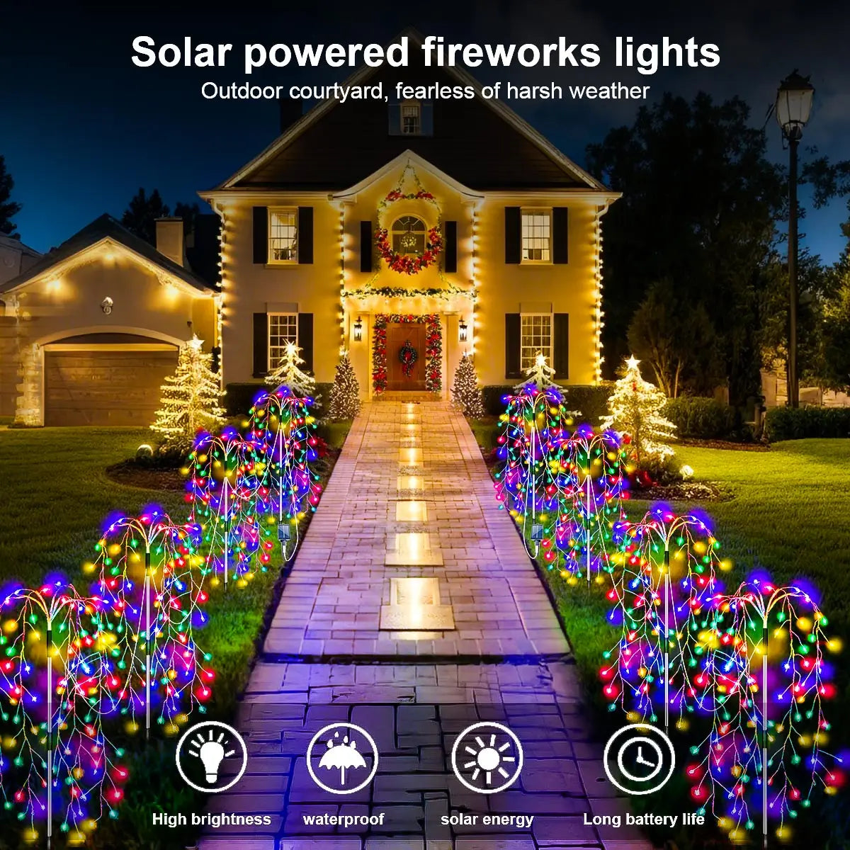 4 Pack 680 LED Christmas Solar Firecracker Fireworks Lights Outdoor Yard Lawn Garden Decorative Light Party Landscape Lighting