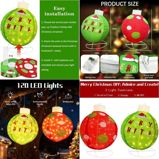 Set of 2 30 Illuminated Pop-Up Christmas Balls, 120 LED Lights, Giant Outdoor Holiday Decor, Red/Green