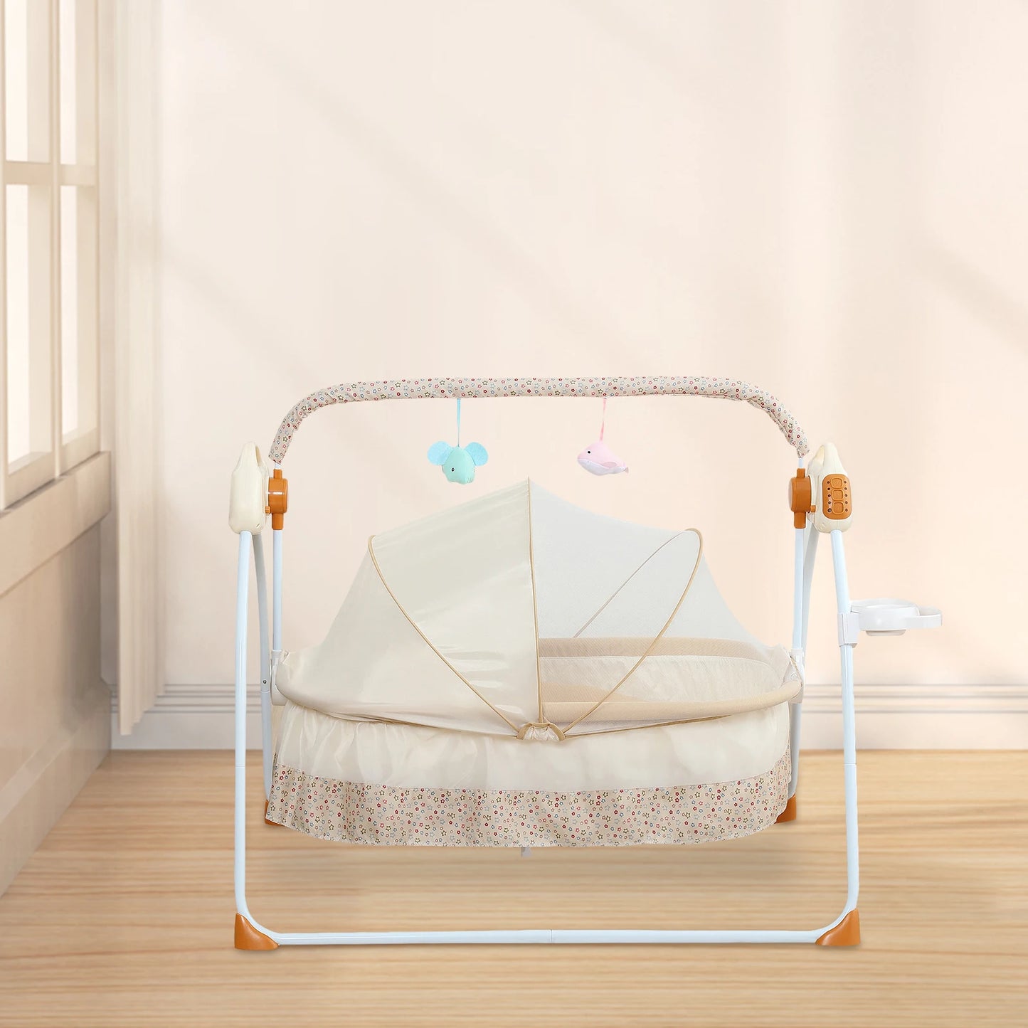 Electric Cradle Foldable Electric Baby Cradle w/ Music Dual Control, Mosquito Net & Swing, 5-Level Adjustable Rocking Bassinet