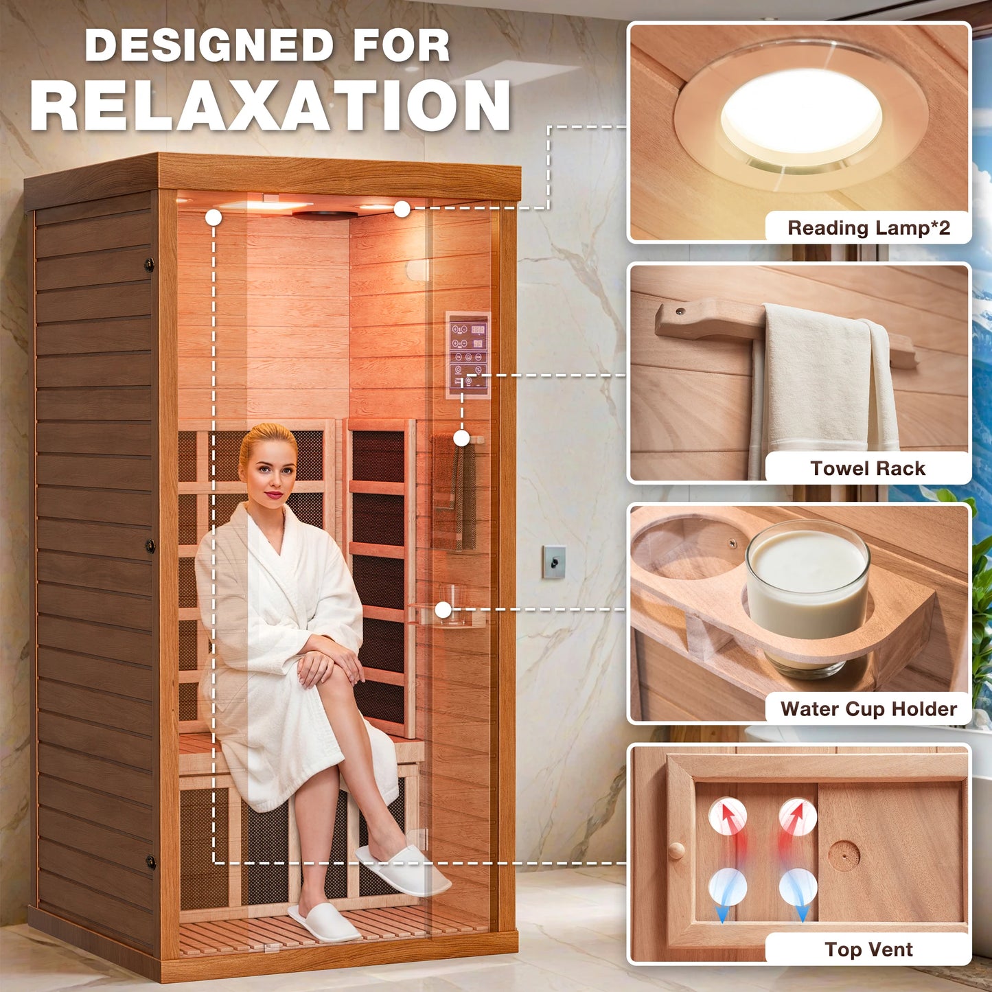 Polar Aurora 1Person Indoor Sauna Spectrum Infrared Sauna Easy to Install w/ BT and WiFi Control 5 Heater Panels, Home and Gym