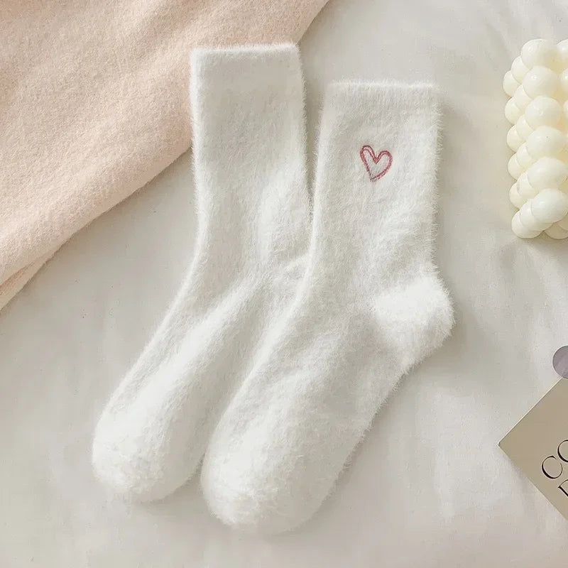 Women's Thickened Mink Fur Socks Pink Heart Embroidery Plush Sleepwear Solid Color Warm Middle Tube Autumn Winter Home Stockings