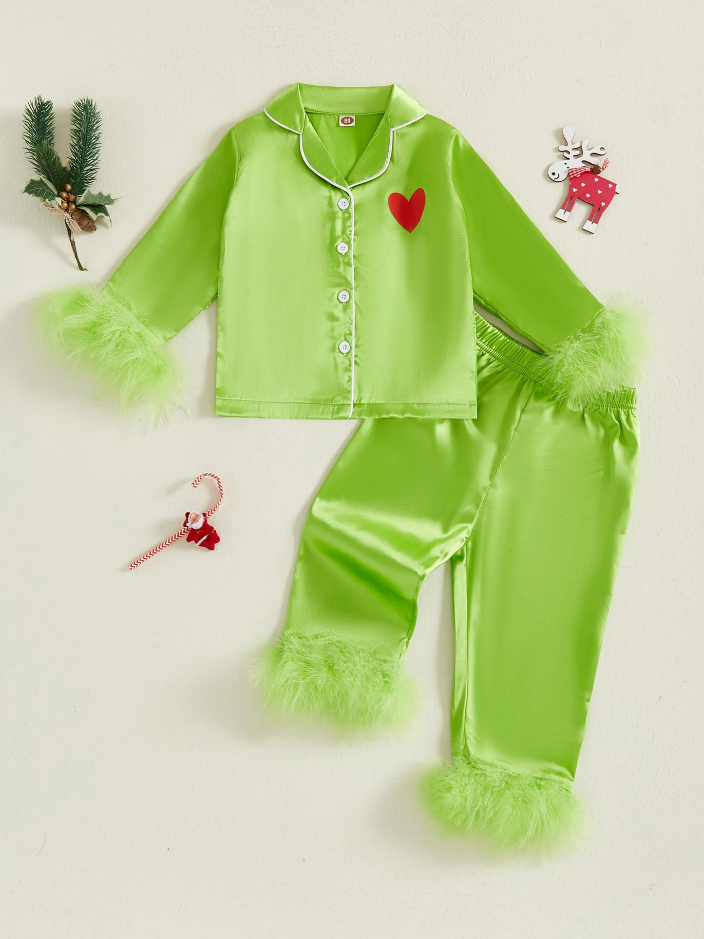 Children s Christmas Satin Pajama Set with Heart Print Long Sleeve Lapel Button Down Top Pants with Feather Cuffs and