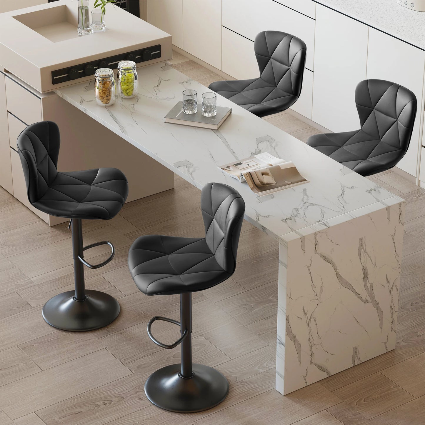 4 Piece Modern Bar Chair Set, Comfortable PU Leather, 360° Swivel Adjustable Height, Upholstered Kitchen Side Chair With Metal Legs