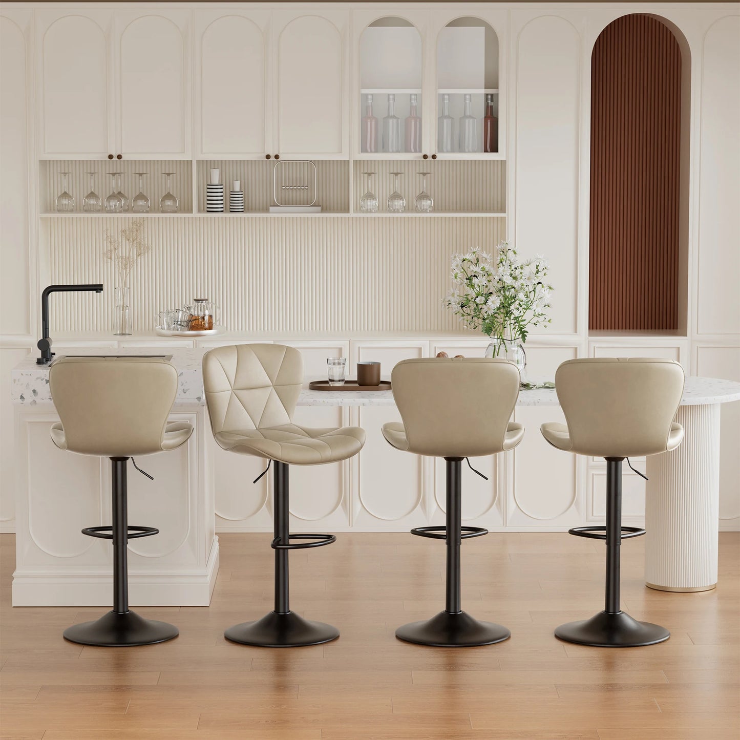 4 Piece Modern Bar Chair Set, Comfortable PU Leather, 360° Swivel Adjustable Height, Upholstered Kitchen Side Chair With Metal Legs