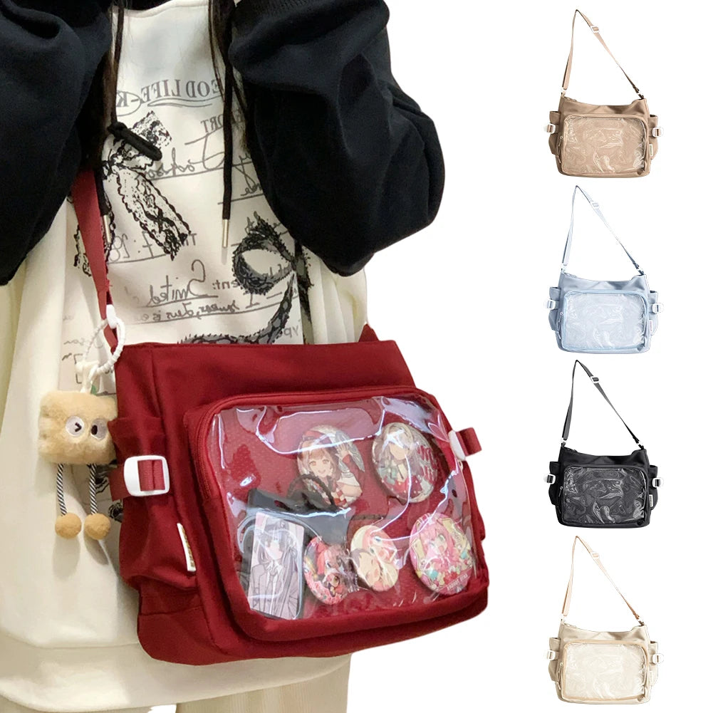 Women Shoulder Purse with Clear Window Teenagers School Bag Multi-pockets Adjustable Strap Chic Hobo Bag