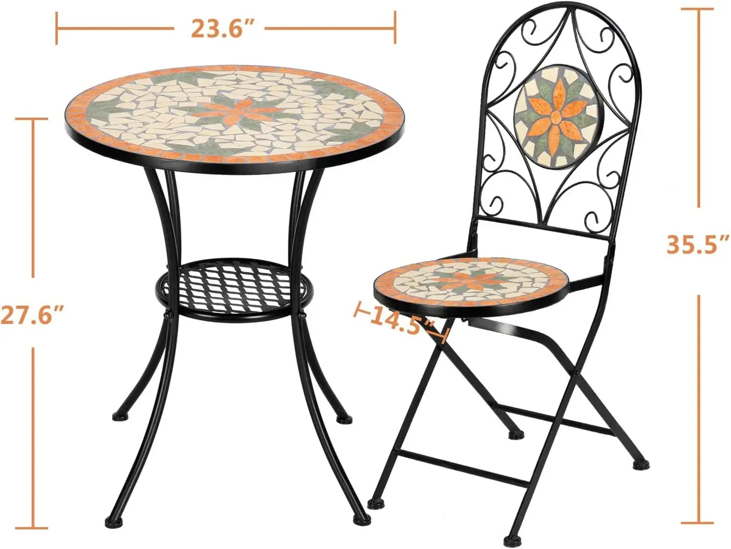 2025-3 Pieces Garden Patio Mosaic Table, Outdoor Bistro Set with Folding Chairs,Black Iron Frame