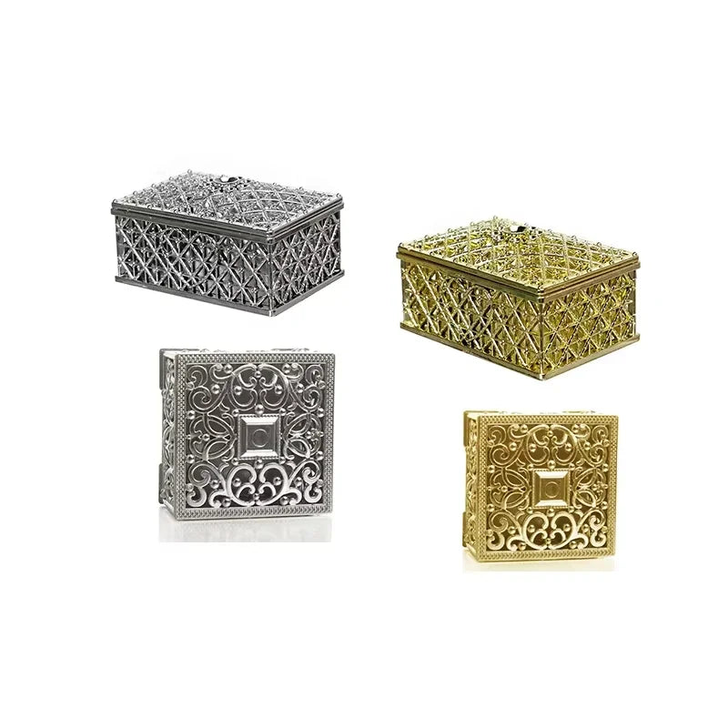 2 Piece Mini Treasure Storage Jewelry Box Gold, Silver color Hollow Flower Pattern Jewelry Case Boxes for Necklace Earring Ring