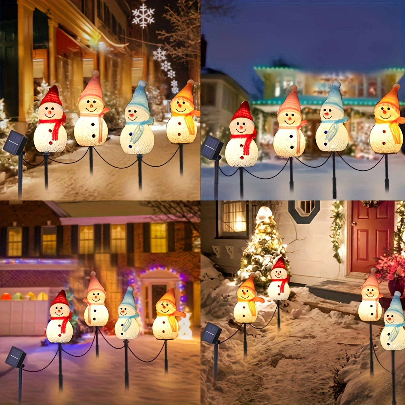 Solar-Powered Snowman Lights 4-Piece Set (1 Solar Panel) - Christmas Outdoor Garden LED Flashing String Lights, Fit for Lawn