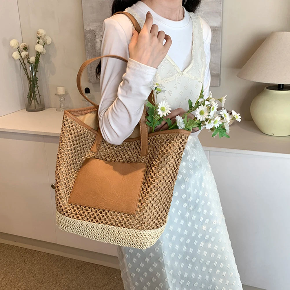 Women Straw Crochet Beach Handbag PU Patchwork Simple Shoulder Bag Contrast Color Minimalist Tote Bag Ladies Summer Bag