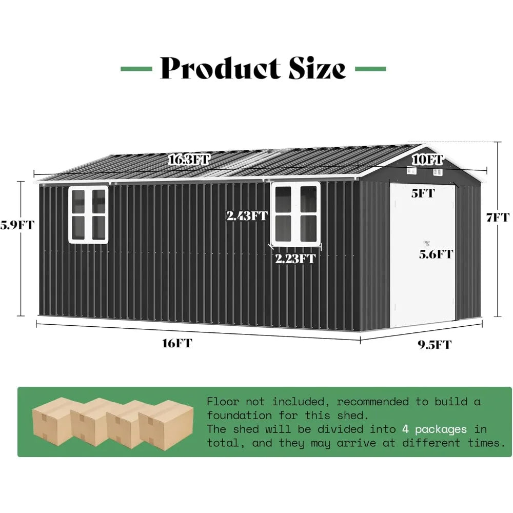 10 x 16 x 7.2 Ft Metal Storage Shed with Two Clear Panels, Outdoor Tool Storage with Hinged Double Doors, Windows, and Vents