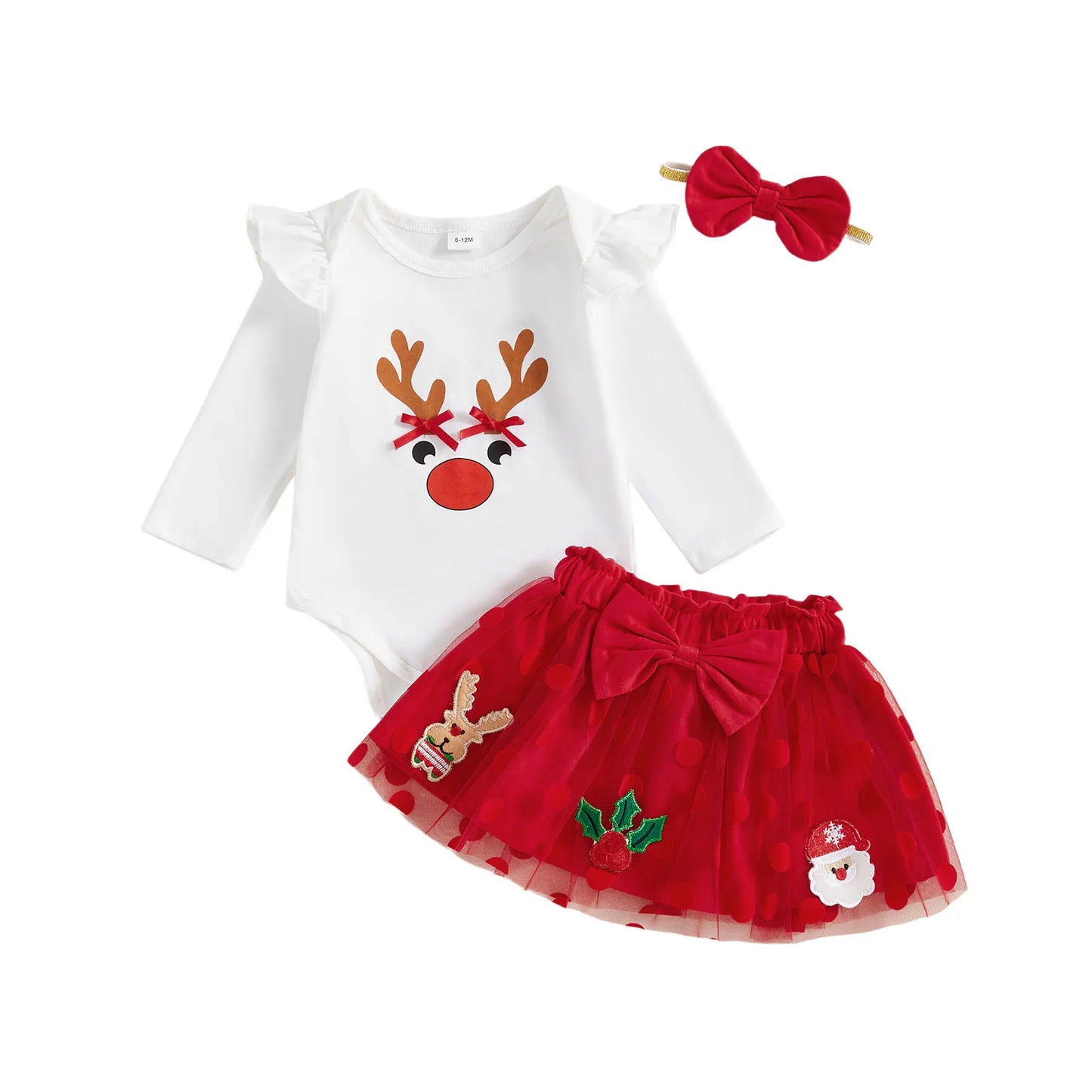Baby Girls 3pcs Outfit Christmas Long Sleeve O Neck Reindeer Print Jumpsuit Headband Bow Mesh Skirt Newborn Clothes Set