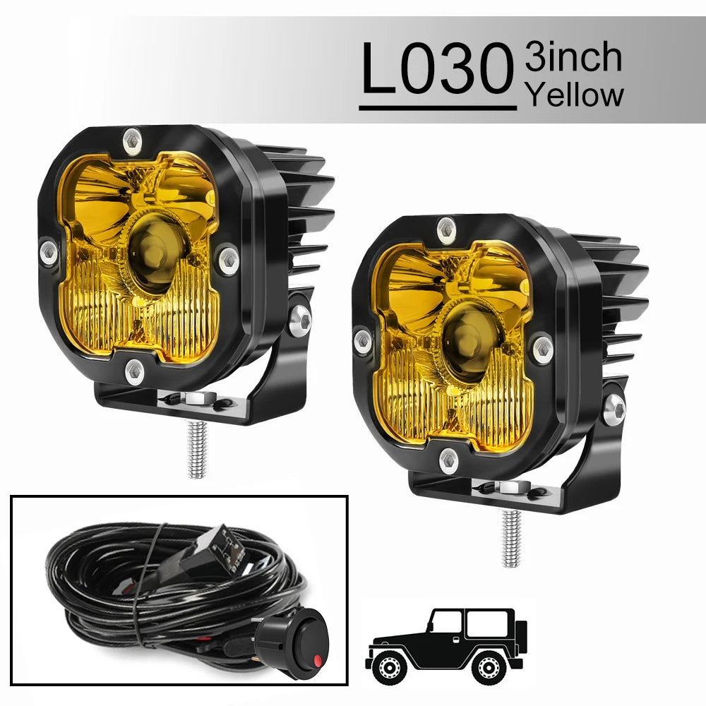 3 inch Yellow LED Fog Light Pods for Jeep Offroad Trucks Pickup Motorcycle Amber Ditch/Rear Chasing/A-Pillar Lights 3000K 2PCS