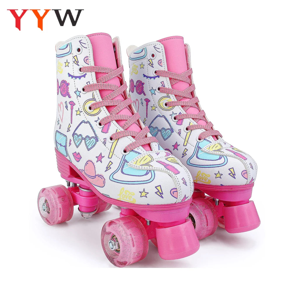 Outdoor Skating Shoes Quad Skates Sneakers PU Leather Roller Skates Skating Shoes for Kids Girls Beginner Roller Skating Shoes