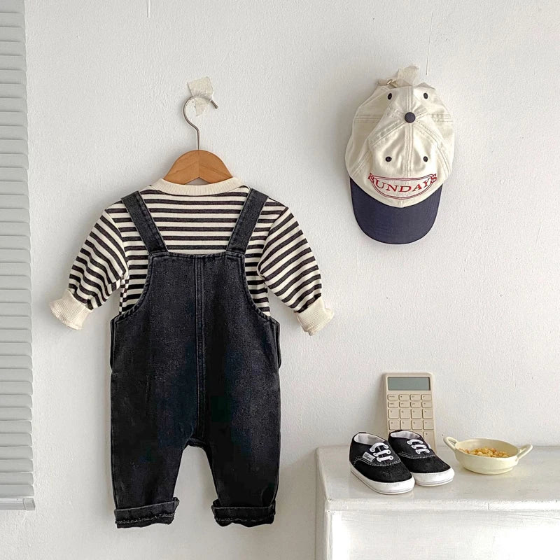New spring baby clothes for 0 - 3 years old, neutral denim jumpsuits and striped tops, sold separately
