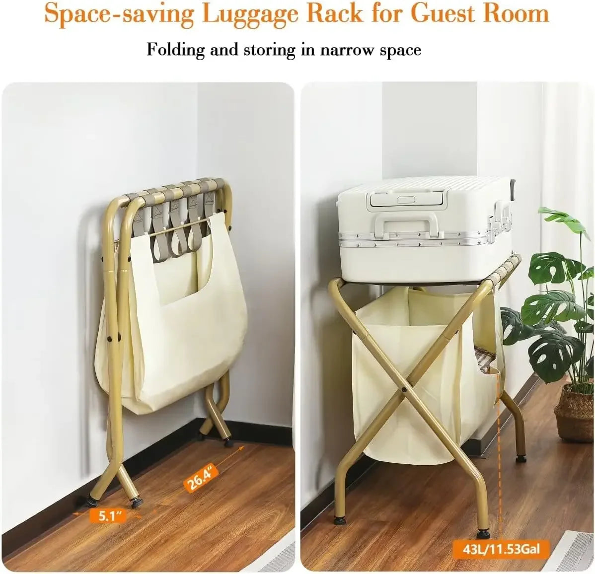 2 Pack Luggage Rack with Laundry Bag, Guest Room Folding Space Saving Suitcase Holder, Max 110LBS Baggage Shelf with Heavy