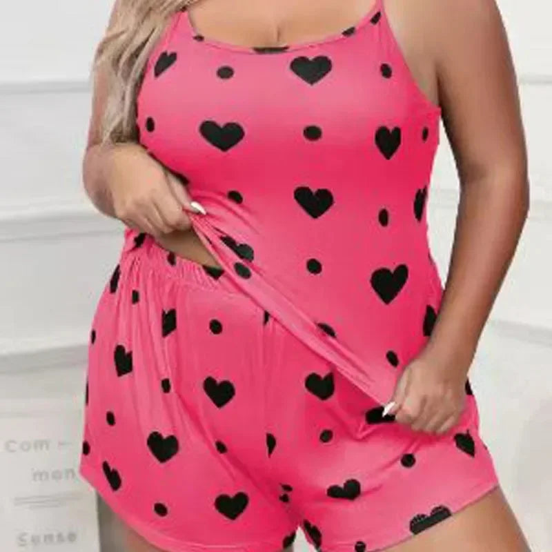 Plus Size Heart Print Women Pajama Set Sleeveless O Neck Crop Top & Elastic Waist Shorts 2 Pieces Female Sleepwear Nightwear