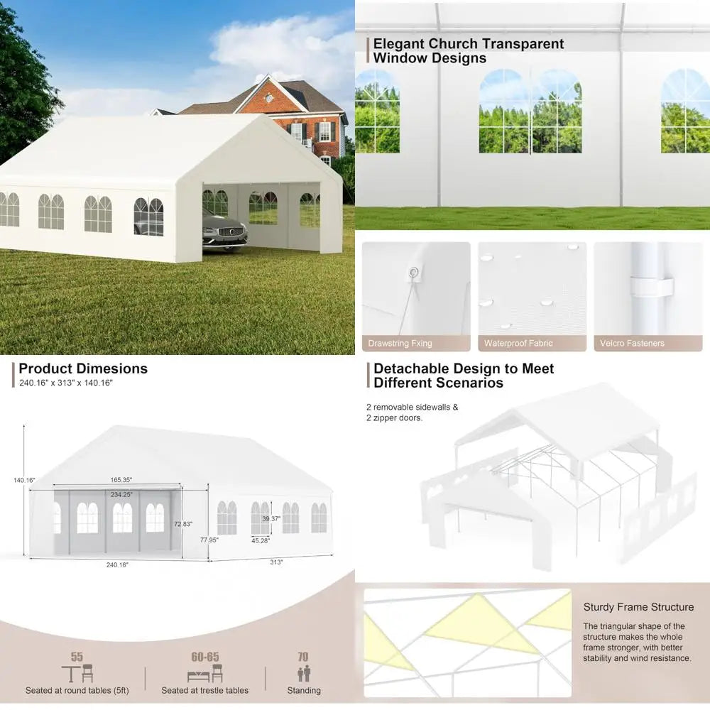 "20 ft x 26 ft durable carport with roll-up clear panels, reinforced party tent with detachable walls and doors"