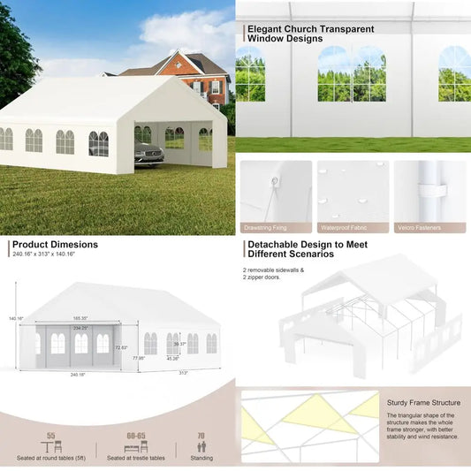 "20 ft x 26 ft durable carport with roll-up clear panels, reinforced party tent with detachable walls and doors"