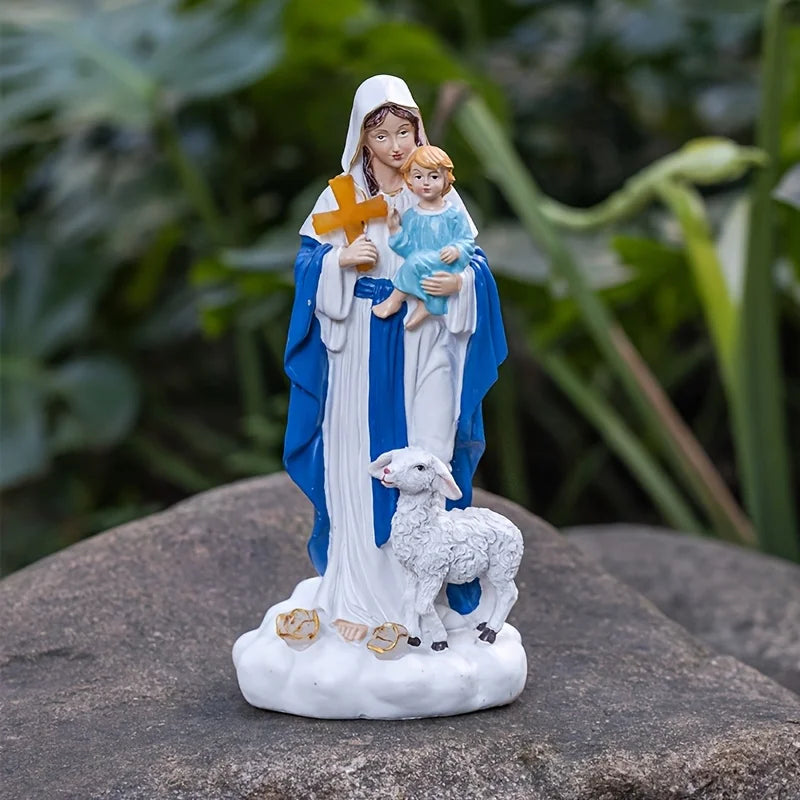 Statue Outdoor Decor Solar Light, Jesus Birth Figure Resin Statue, Solar Jesus Nativity holding child and sheep statue light