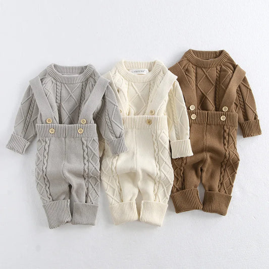 2025 Baby Autumn and Winter New Twist Knitted Overalls Set Boys and Girls Pullover Sweater Jumpsuit  Newborn Photography Romper